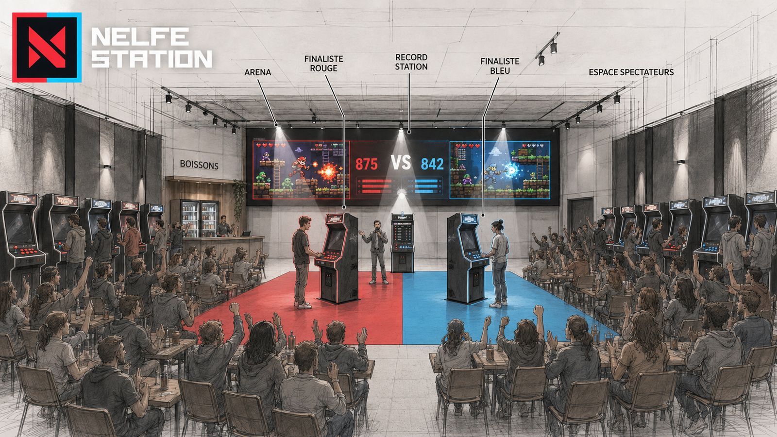 Drawn section of the room: a large duel screen at the back showing two scores, the Arena at the centre with two finalists on the red and blue zones, the Record Station and the host between them, NAS cabinets along the side walls and the audience seated at tables.
