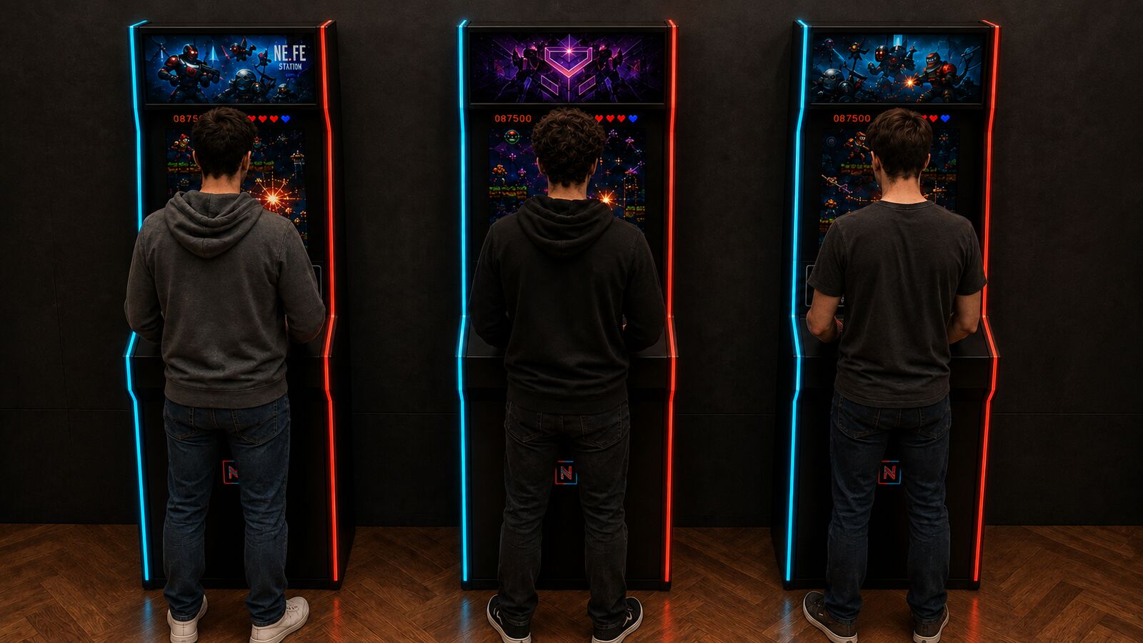 Tres máquinas NAS una al lado de otra, cada una con un jugador visto de espaldas: flancos luminosos rojos y azules, marquesina ilustrada sobre la pantalla y la puntuación mostrada en el juego.