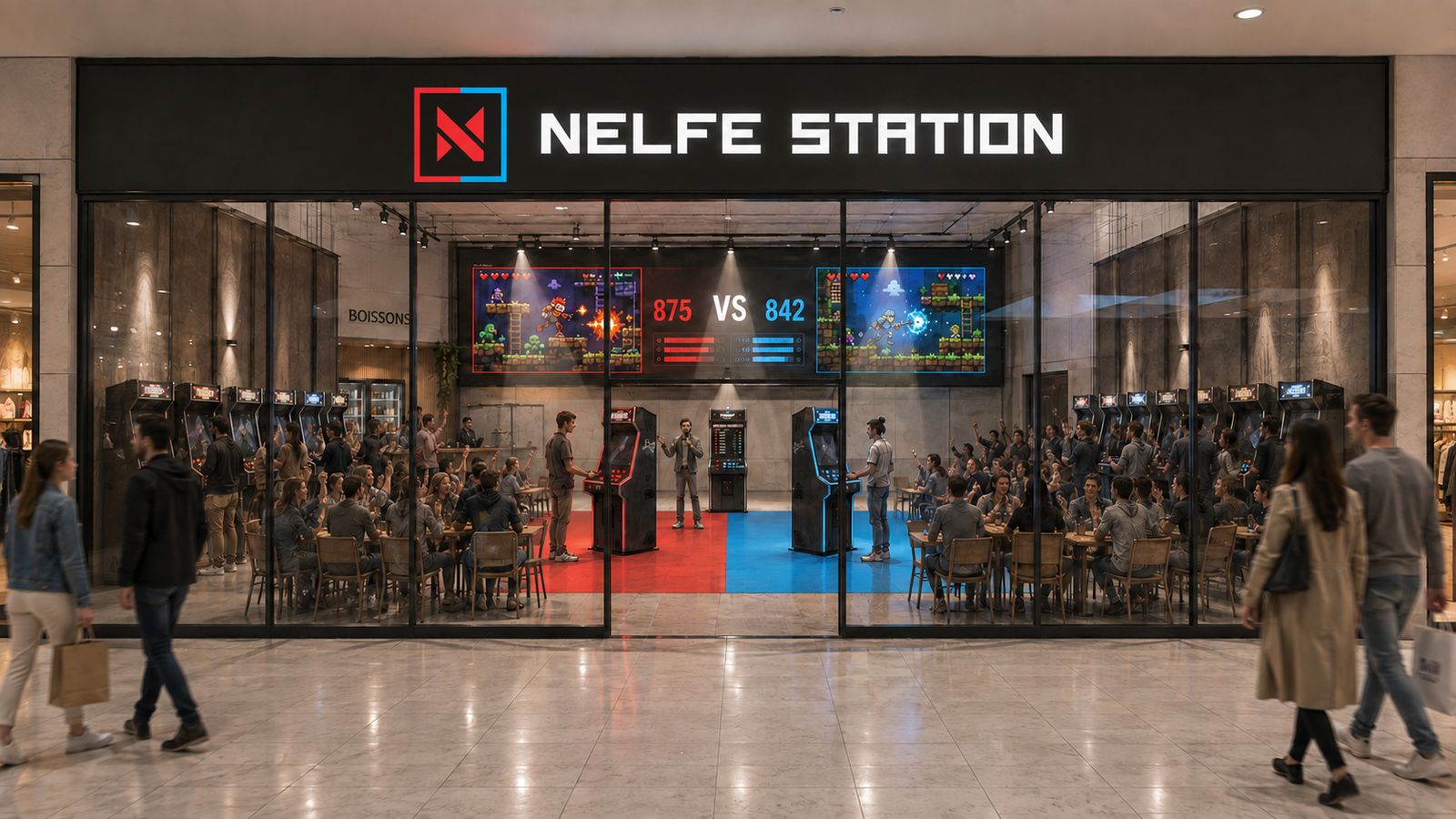 Glass frontage of a NELFE STATION in a shopping mall: black signage, a large duel screen showing two scores, players standing on the red and blue Arena zones, an audience seated around them.