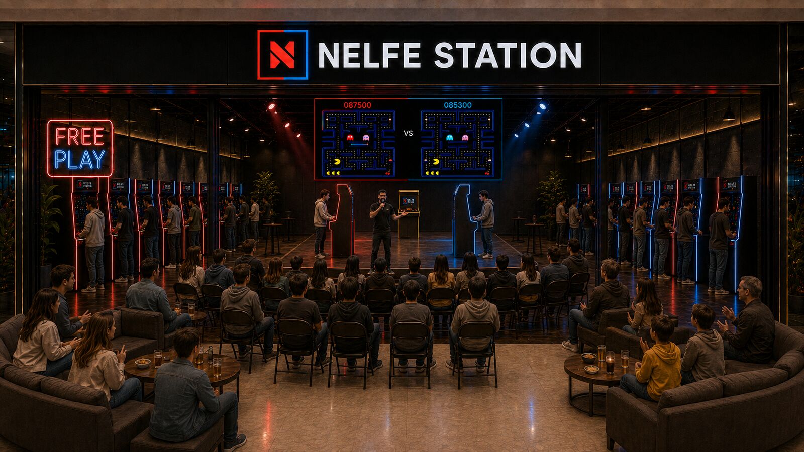 NELFE STATION の内部。両側の壁沿いに光る筐体が並び、中央のステージでは2 人のプレイヤーがスコアを映す大型の対戦スクリーンに向かい合い、その前に観客が列をなして座っています。