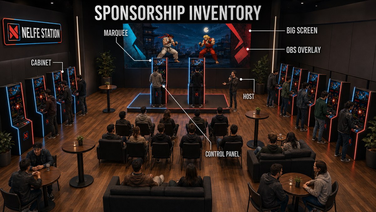 Overhead view of a room during a tournament: cabinets lined up along both walls, two finalists on a central platform, a host with a microphone, a big screen showing the match, and the audience on chairs, sofas and around tables.