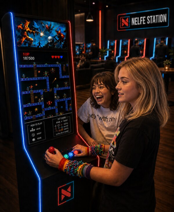 Dos jugadores uno al lado del otro ante una NAS vertical: marquesina animada en la parte superior, el juego en el centro, una tarjeta de instrucciones bajo la pantalla que recuerda los mandos y los combos, tiras luminosas rojas y azules a lo largo de la máquina; detrás de ellos, una hilera de máquinas y el rótulo NELFE STATION.