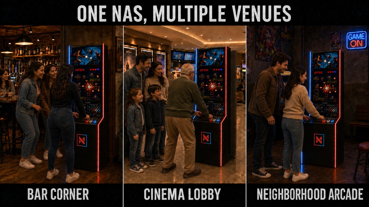 The same NAS in three settings: a bar corner, where it entertains without changing the venue; a cinema lobby, where it fills the wait; a neighbourhood arcade, where it joins an existing line-up.